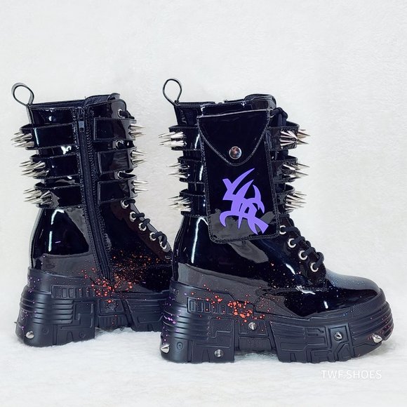 Anthony Wang Blackest Night Patent Spatter Cyber Punk Goth Platform Boots - Picture 3 of 9